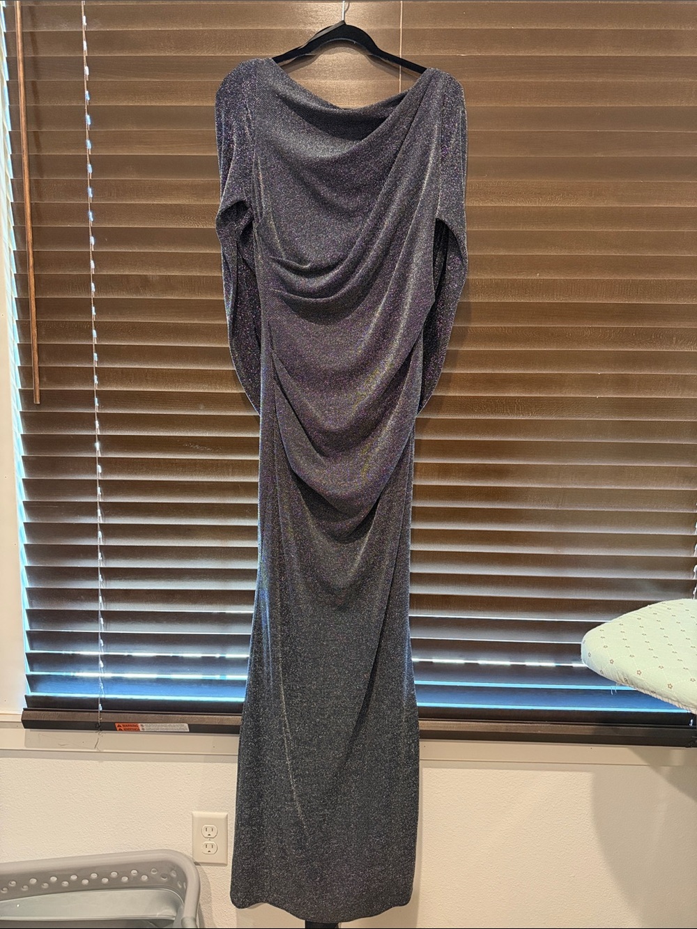 Adam Metallic Charcoal Draped Long-Sleeve Gown